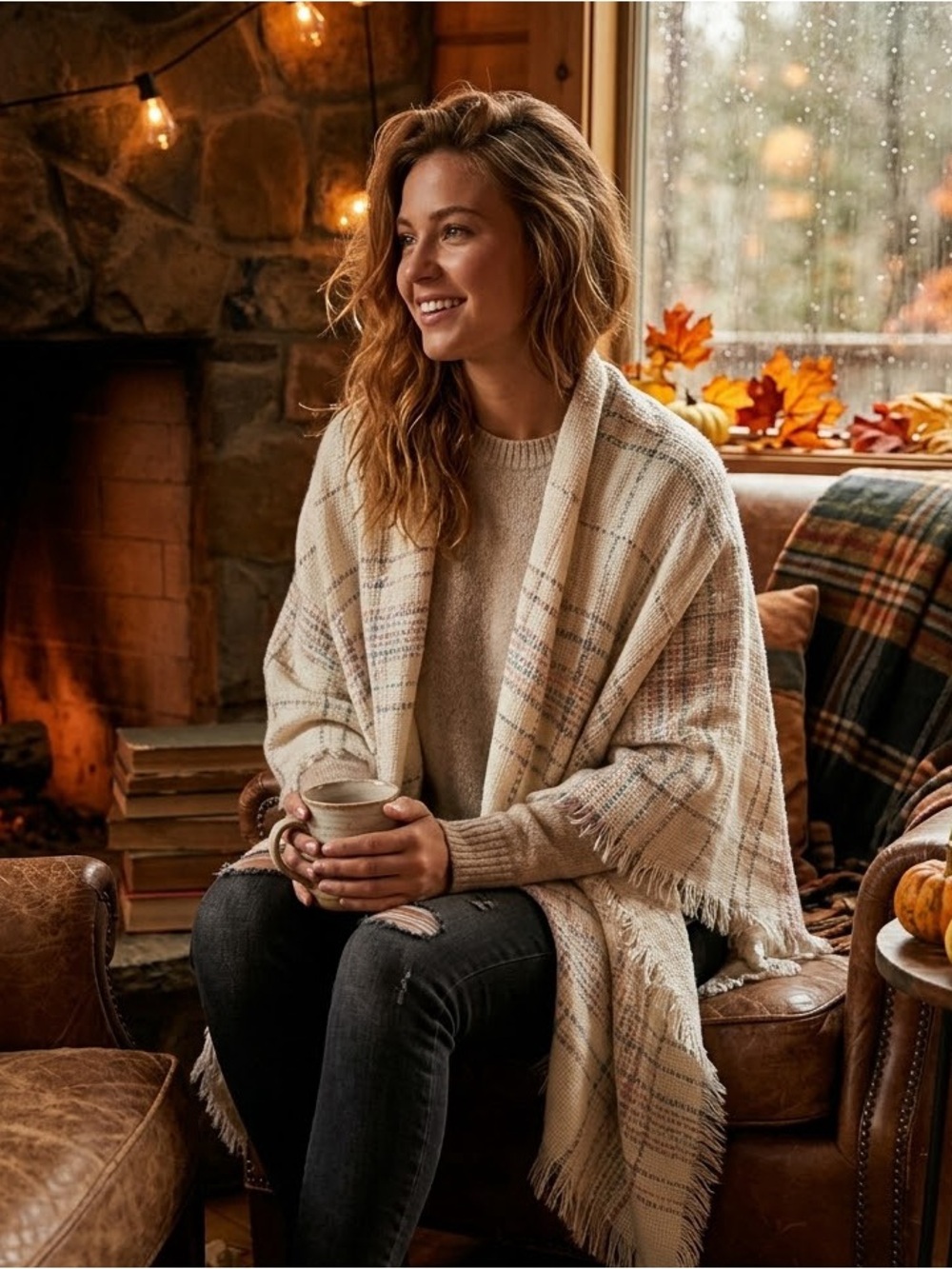 Cream Plaid Frayed Hem Blanket Scarf Wrap Shawl One Size